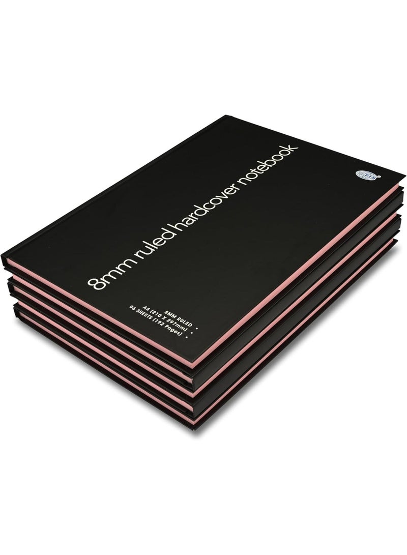 FIS Hard Cover Notebook, Glued Binding, A4 Size(210x297mm), 96 Sheets, 192 Pages, Pastel Pink Color Paper with 8mm Single Line Ruling, Packet of 5 Pieces, Black Cover Design-FSNBA4SL96PPI - Image 1